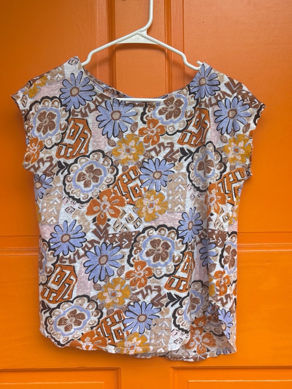 Nicole miller 100% linen Floral Cap-Sleeve Blouse in Orange, Blue & Brown